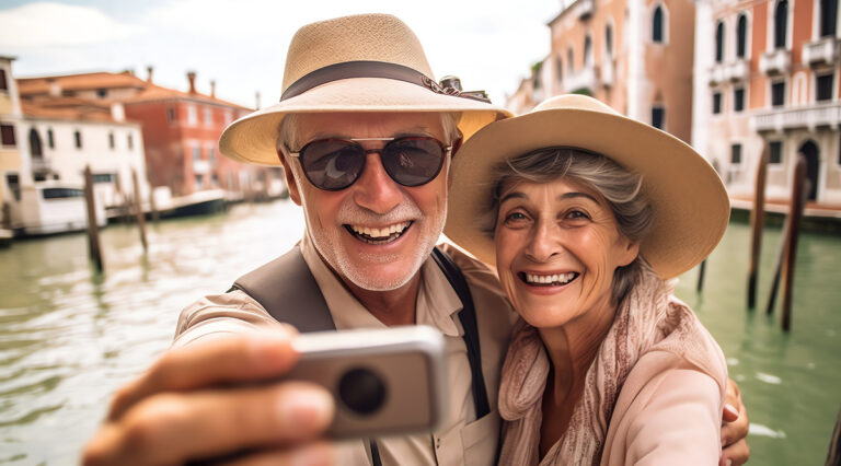 couple-taking-photo-themselves-canal-cruise
